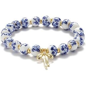 Vintage Style Charmcore Bow & Flower Beaded Bracelet 18K CZ Gold Plated Dainty